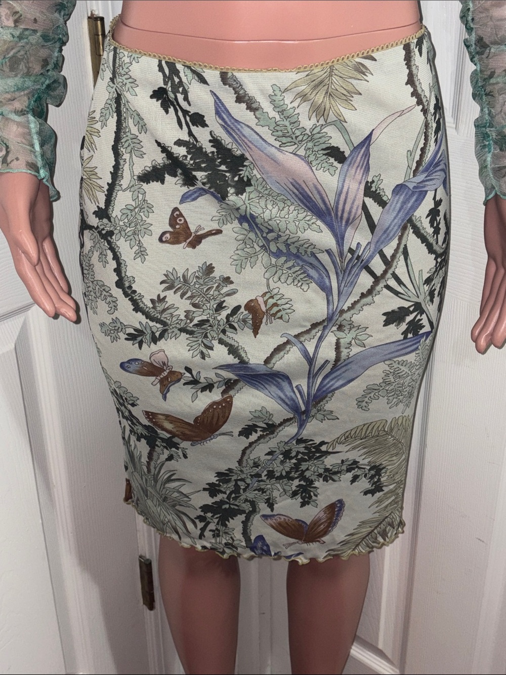 Botanical Butterfly Pencil Skirt in Mint Green and Blue